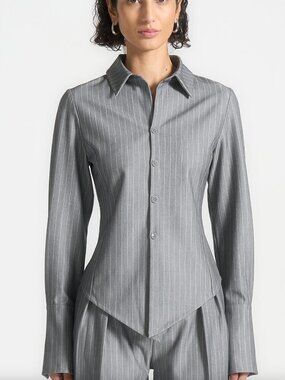 Maniere De Voir Pinstripe Angled Shirt in Grey Size 4